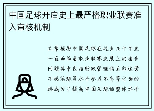 中国足球开启史上最严格职业联赛准入审核机制